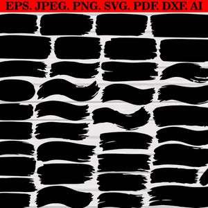 May include: A collection of black ink brush strokes and rectangular shapes arranged in a grid pattern. The text EPS, JPEG, PNG, SVG, PDF, DXF, AI is displayed in red at the top. These graphic elements feature varied textures and edges.