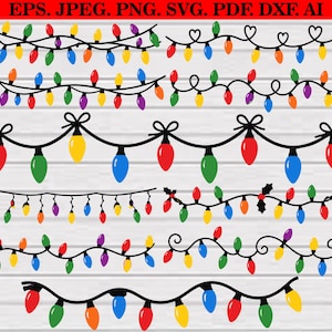 May include: A collection of digital graphic illustrations featuring various strings of colorful holiday lights in red, blue, green, yellow, orange, and purple. The image includes text at the top reading EPS. JPEG. PNG. SVG. PDF. DXF. AI.