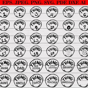 May include: A set of 20 black and white printable SVG files featuring the phrase "Thing" with various numbers and words. The files are designed for crafting and personal use.