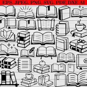 Op de afbeelding: Een verzameling zwart-wit boekillustraties in verschillende stijlen, waaronder open en gesloten boeken, stapels en rollen. Sommige boeken hebben bladwijzers, en een paar hebben koffiekopjes en appels.