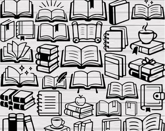 May include: A collection of black and white book illustrations in various styles, including open and closed books, stacks, and scrolls. Some books have bookmarks, and a few have coffee cups and apples.