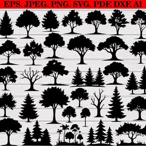 May include: A collection of black tree silhouettes in various shapes and sizes. The image includes evergreen trees, deciduous trees, and stylized tree designs, suitable for crafting or design projects. The top of the image includes text: EPS. JPEG. PNG. SVG. PDF. DXF. AI.