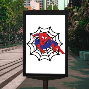 May include: A black and white illustration of Spiderman hanging from a web. He is wearing a red and blue suit with a black spider symbol on his chest.