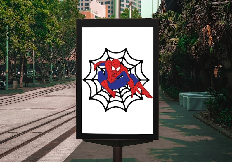 May include: A black and white illustration of Spiderman hanging from a web. He is wearing a red and blue suit with a black spider symbol on his chest.
