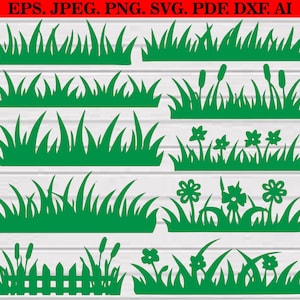 Könnte beinhalten: Eine Sammlung grüner Gras- und Blumendesigns in verschiedenen Stilen. Das Bild enthält verschiedene Grasformen, Blumen und Rohrkolben, die sich für digitale Kunstprojekte eignen. Die Dateiformate sind EPS, JPEG, PNG, SVG, PDF, DXF und AI.