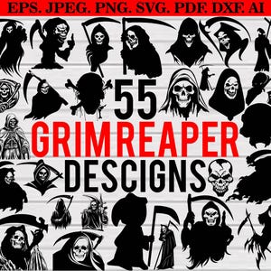 Grim Reaper Svg-bundel, Grim Reaper Clipart, schedel vector silhouet, Halloween Svg-bundel, Grim Reaper skelet gesneden bestanden, horror T-shirt