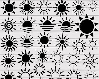 May include: A selection of black sun designs in diverse styles, including those with rays, spirals, and simple circles. The image includes the text "EPS. JPEG. PNG. SVG. PDF. DXF. AI."