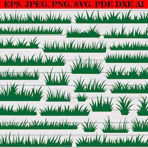 May include: A collection of green grass silhouettes in various shapes and sizes. The image includes text at the top: EPS. JPEG. PNG. SVG. PDF. DXF. AI. These grass designs are suitable for digital art projects, crafts, and design elements.