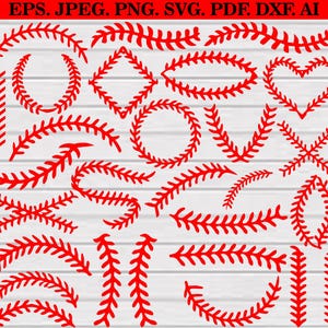 May include: A selection of red baseball stitch designs in diverse forms, such as circles, hearts, and straight lines. The image includes the text "EPS. JPEG. PNG. SVG. PDF. DXF. AI."