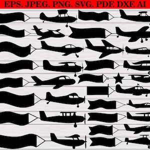 Può includere: Una collezione di sagome nere di aeroplani che trainano striscioni vuoti. L'immagine include vari modelli di aeromobili, tra cui aerei ad elica e jet, adatti a progetti a tema aeronautico. Il testo "EPS. JPEG. PNG. SVG. PDF. DXF. AI." è in alto.
