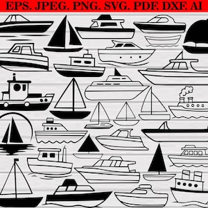 May include: A collection of various black and white boat illustrations, including sailboats, motorboats, and yachts. The designs vary in size and style, with some featuring sails and others with sleek, modern lines. The image is suitable for nautical-themed projects.
