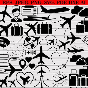 May include: A selection of black and white airplane-themed vector graphics. Features airplane silhouettes, luggage, clouds, hearts, a pilot, and travel-related icons. The image also contains the text "EPS. JPEG. PNG. SVG. PDF. DXF. AI."