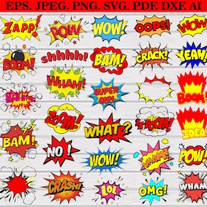 Paquete de Svg de acción de estilo cómico/Svg de estilo de dibujos animados de cómic/Clipart de texto de cómic/Uso comercial/Svg de cómic/Arte de burbujas de globo de cómic Svg, PNG, PDF