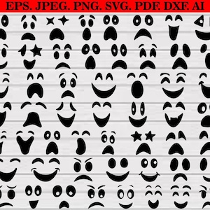May include: A collection of black ghost face designs with various expressions, including smiles, frowns, and surprised looks. The image includes the text "EPS. JPEG. PNG. SVG. PDF. DXF. AI" at the top.