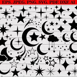 Könnte beinhalten: Eine Sammlung schwarzer Stern- und Mondformen in verschiedenen Größen und Stilen. Enthält Halbmonde, Sternschnuppen und Sternausbrüche. Der Text "EPS. JPEG. PNG. SVG. PDF. DXF. AI." ist ebenfalls enthalten.