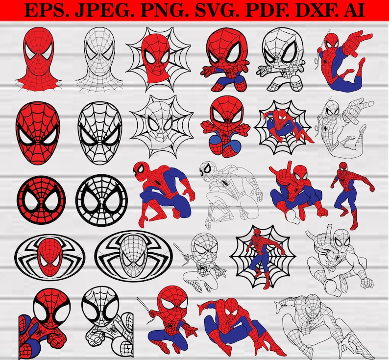 May include: A set of 25 digital cut files featuring various designs of a red and blue superhero with a spider web design. The designs include a spider web, a superhero's head, and a superhero in different poses.