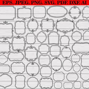 May include: A selection of black decorative frames in diverse shapes and sizes, including rectangles, ovals, and ornate designs. The image includes the text "EPS. JPEG. PNG. SVG. PDF. DXF. AI."
