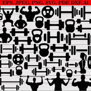 May include: A selection of black silhouette images of weightlifting equipment, including barbells, dumbbells, kettlebells, and weight plates. Silhouettes of people lifting weights are also included. Ideal for fitness and gym-related designs.