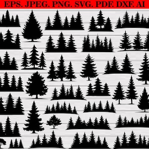 May include: A selection of black silhouette images featuring different evergreen trees and forests. The designs include individual trees, clusters, and dense forest scenes, ideal for crafting or design projects.
