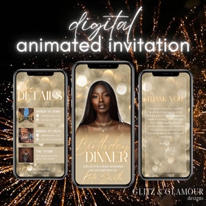 Digital Birthday Dinner Invitation, Gold Birthday Invitation, Invite, e-Invitation, Animated Digital Itinerary, Editable Planner Template
