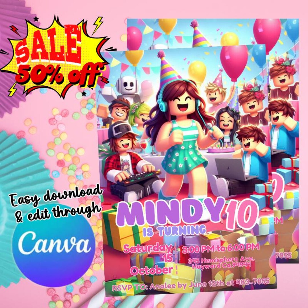 Roblox Birthday Invitation, Roblox Girl Birthday Party Invitation ...