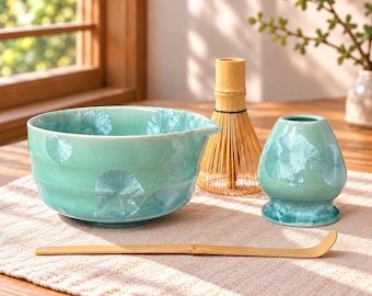 Handmade Green Floral Matcha Tea Set, Matcha Bowl Whisk Gift Kit for Her