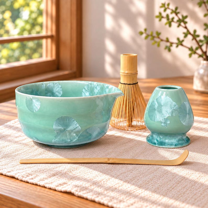 May include: A light turquoise ceramic matcha bowl with a crystalline glaze pattern, a bamboo whisk, a bamboo tea scoop, and a matching turquoise ceramic whisk holder. The bowl features a small pouring spout on one side and a smooth, rounded shape.