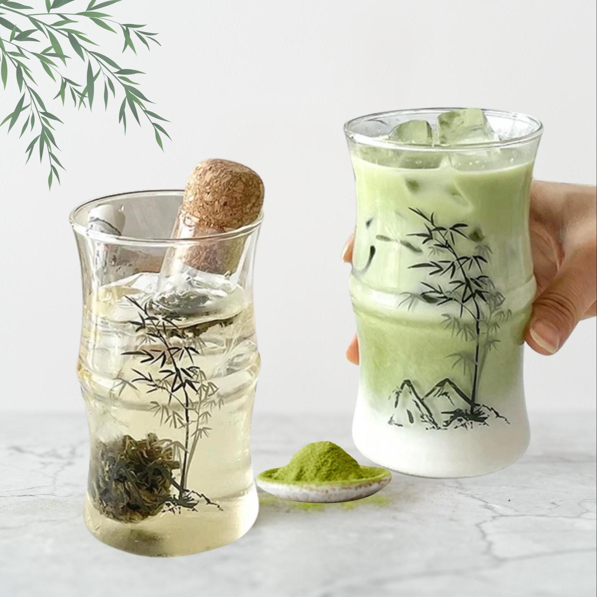 Iced Matcha Latte Glass • Highball Glasses for Iced Tea & Coffee • Mojito Cocktail Glass • Asian Zen Bamboo Art Gift for Matcha Tea Lovers