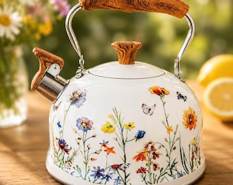 Bollitore da tè in acciaio inox Wildflower per piano cottura, decorazione da cucina in stile cottagecore, ideale come regalo per l'inaugurazione della casa.