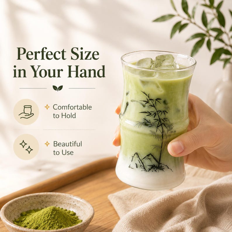 May include: A clear glass tumbler shaped like a bamboo stalk, featuring a black ink illustration of bamboo and mountains. The glass is filled with a light green matcha latte and ice cubes. Text on the image reads Perfect Size in Your Hand.