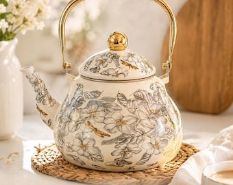 Floral Tea Kettle, Enamel Stovetop Teapot, Cottagecore Kitchen Decor for Modern Farmhouse