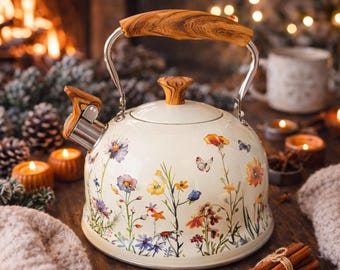 Tetera con flores silvestres, cafetera con flores estilo bohemio estilo cottagecore, regalo para novia, boda e inauguración de la casa.