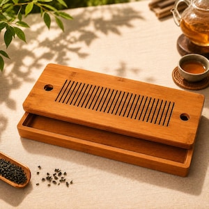 May include: A rectangular bamboo tea tray with a slotted top and a lower tray. The tray is a light brown color and has two circular holes. Tea leaves and a small wooden scoop are visible.