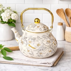 Floral Tea Kettle: Dragonfly Stovetop Enamel Teapot, Modern Farmhouse Decor