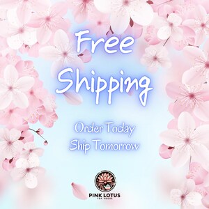 May include: A digital graphic featuring light pink cherry blossoms framing a pale blue background. The text reads Free Shipping in large blue letters, followed by Order Today Ship Tomorrow in smaller text, and a Pink Lotus Tea House logo.