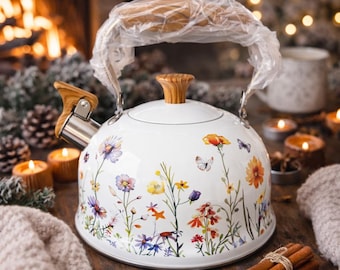 Tetera con flores silvestres, cafetera con flores estilo bohemio estilo cottagecore, regalo para novia, boda e inauguración de la casa.