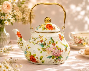 Tetera floral, tetera esmaltada vintage para estufa, decoración rústica estilo casa de campo