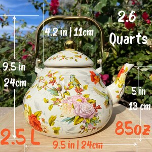 Pu&ograve; includere: Teiera in smalto color crema con un design floreale e di uccelli. La teiera &egrave; alta 24 cm, larga 24 cm e contiene 2,5 litri (850 oz). Ha un manico e un coperchio dorati e misura 11 cm dalla parte superiore del manico al coperchio.