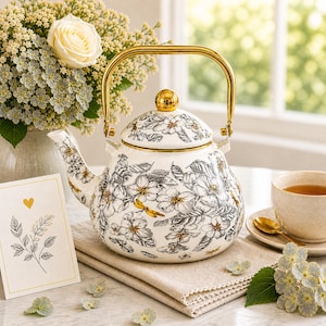 Floral Tea Kettle: Dragonfly Stovetop Enamel Teapot, Modern Farmhouse Decor