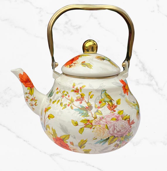 Floral Tea Kettle, Vintage Stovetop Enamel Teapot, Cottagecore Farmhouse Decor