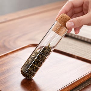 May include: A clear glass test tube container filled with dried green tea leaves, sealed with a light brown cylindrical cork stopper. The glass tube features a series of horizontal white measurement markings etched along its side for reference.