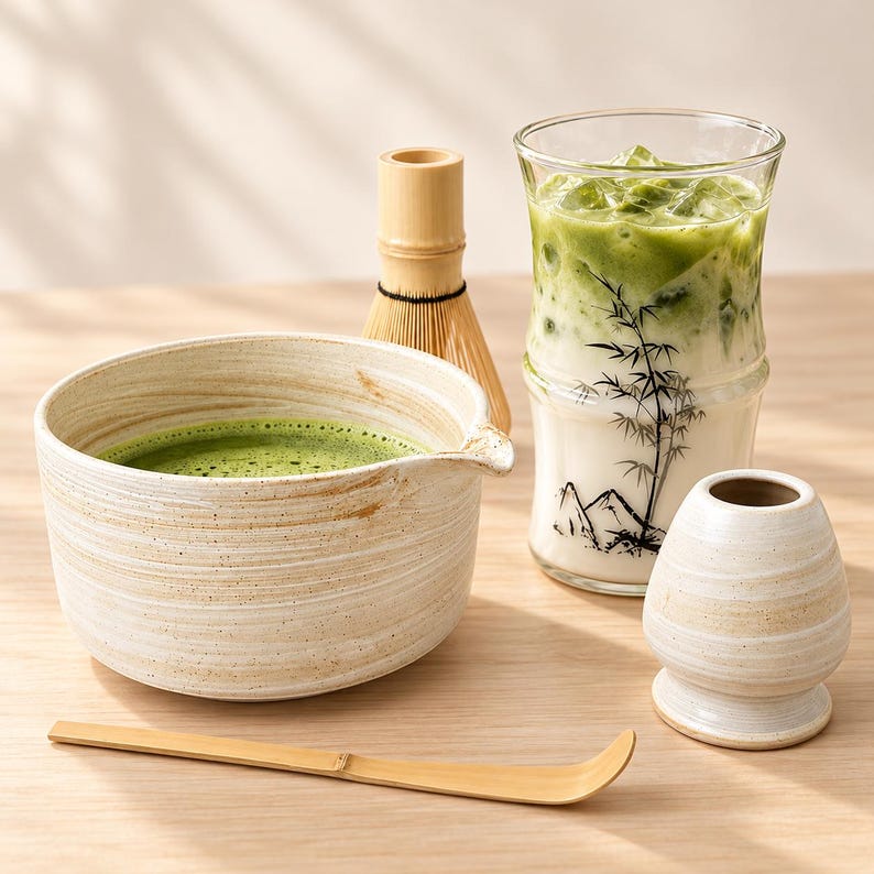 May include: A ceramic matcha bowl with a beige swirled glaze, a bamboo whisk, a bamboo scoop, a small ceramic whisk holder, and a tall glass filled with iced matcha latte featuring a black bamboo and mountain graphic print.