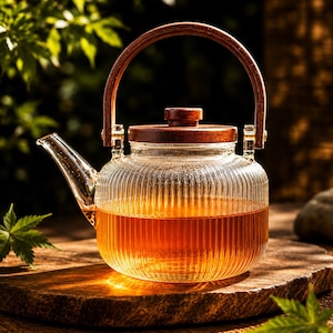 May include: A clear glass teapot with a ribbed texture and a dark brown wooden handle and lid. The teapot is filled with amber-colored liquid and features a curved spout extending from the side, with a matching wooden knob on the center of the lid.