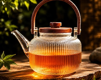 Glass Teapot with Dual Infusers, Wood Handle Stovetop Safe Tea Kettle for Loose Leaf