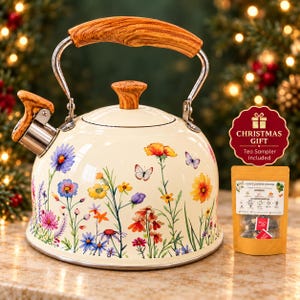 Wildflower Stainless Steel Stovetop Tea Kettle, Cottagecore Kitchen Decor for Housewarming Gift