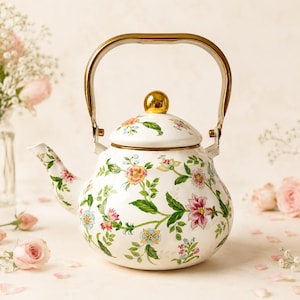 Tetera floral vintage, tetera esmaltada para estufa, decoración rústica estilo granja, regalo para mamá.