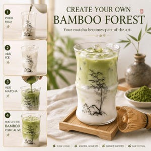 May include: A clear glass tumbler with a bamboo-shaped silhouette and black ink-style bamboo illustrations. The glass contains a layered matcha latte with ice. A bamboo whisk, a bowl of matcha powder, and a small vase are nearby.