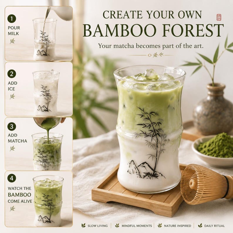 May include: A clear glass tumbler with a bamboo-shaped silhouette and black ink-style bamboo illustrations. The glass contains a layered matcha latte with ice. A bamboo whisk, a bowl of matcha powder, and a small vase are nearby.