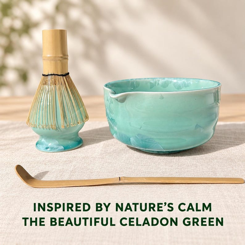 May include: A bamboo matcha whisk with a celadon green ceramic stand, a celadon green ceramic bowl with a pouring spout, and a bamboo scoop. The text reads: INSPIRED BY NATURE'S CALM THE BEAUTIFUL CELADON GREEN. These items are for tea preparation.