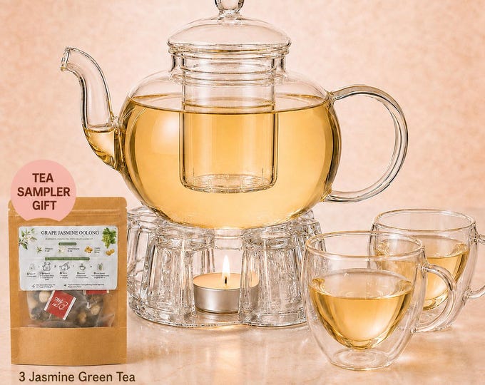 Glass Tea Set, Borosilicate Glass Teapot with Heart-Shaped Cups and Warmer for Loose Leaf